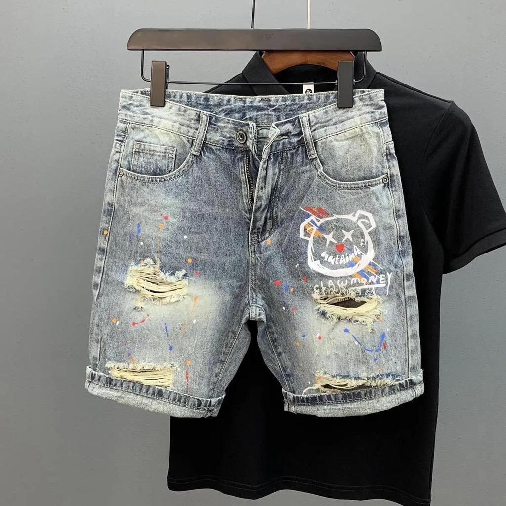 Man Denim Shorts Graphic Hip Hop Multi Color Short Jeans Pants for Men Korean Fashion Xl Vintage Thin Trend Summer Jorts