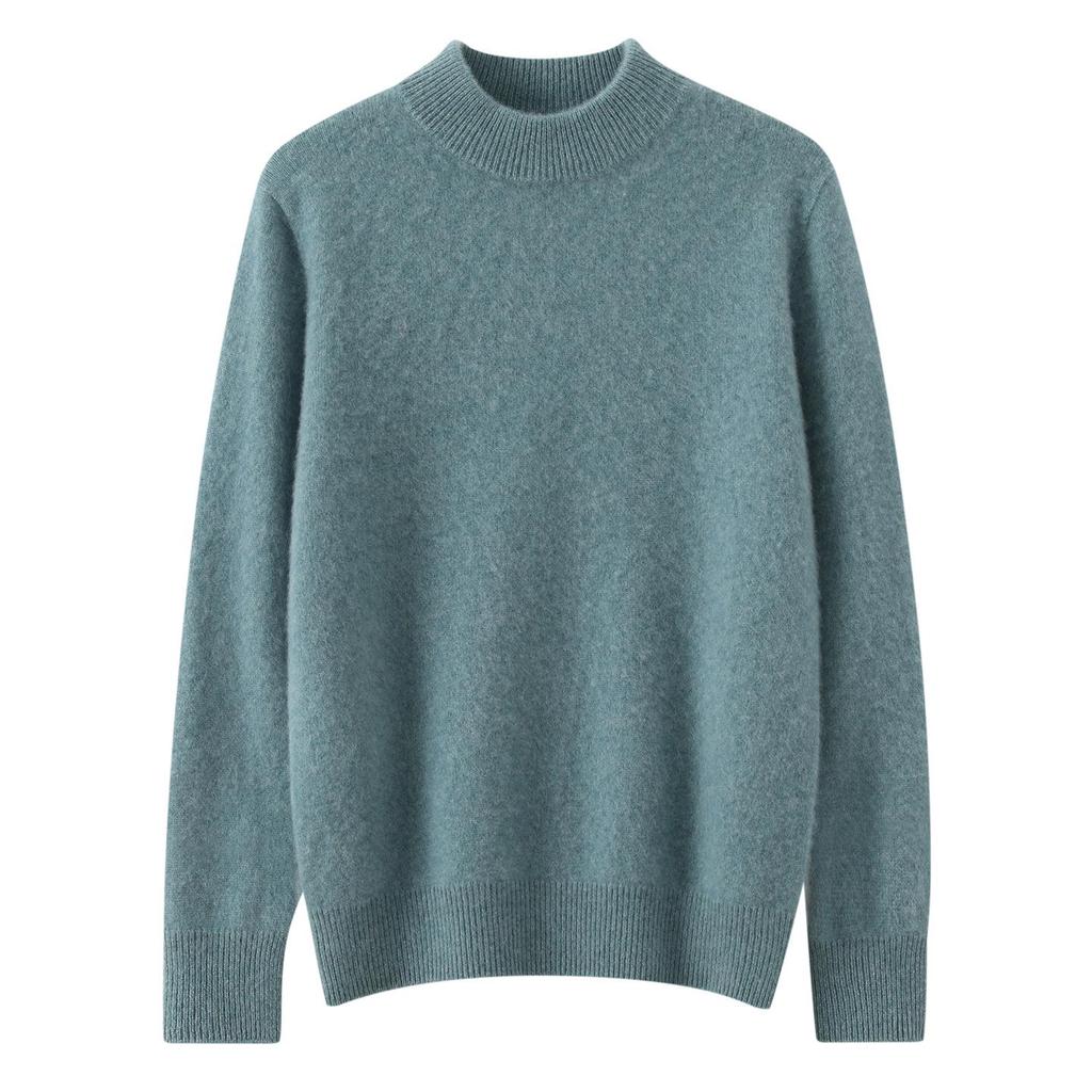 Men's 100% Pure Wool Half-High Collar Thick Pullover - Casual Loose Knit Base Layer Sweater for Autumn/Winter