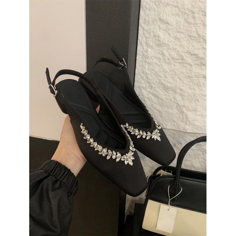 French Temperament Nude Square Head Rhinestone Rear Empty Single Shoes Women's Summer New Satin Versatile Bag Head Sandals