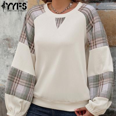 Pullover a girocollo e maniche lunghe con stampa scozzese tinta unita, casual, autunno inverno da donna