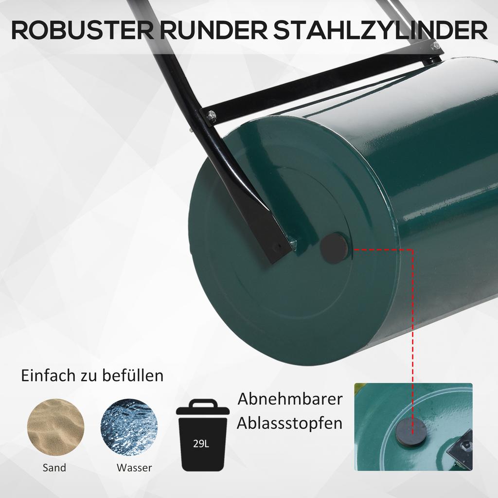 30 L Garden Lawn Roller with Water/Sand Filled Drum, Heavy Duty Steel Lawn Push Rolling Tool, Dark Green