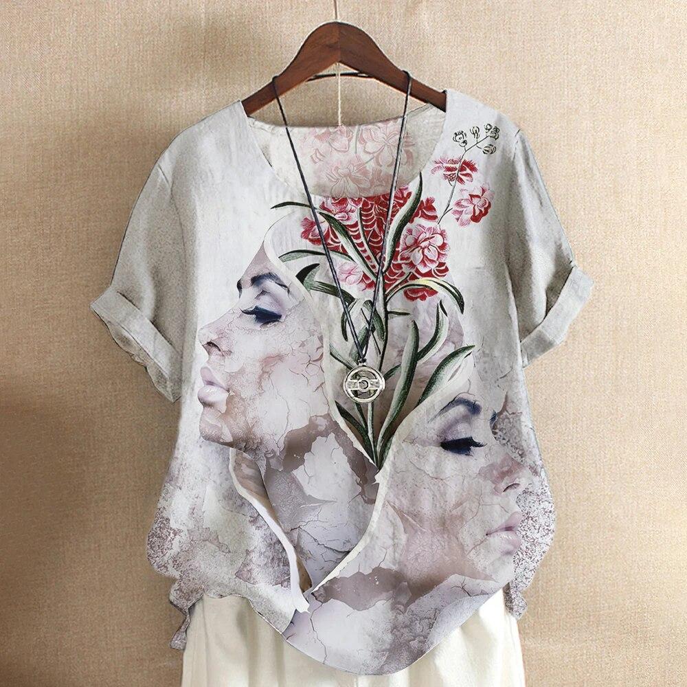 Kunst Ansikt Bluse Dame T-skjorte Mote Kortermet Tees Blomstertrykk Topper O-Hals Kule Jenter Klær Sommer Casual Genser