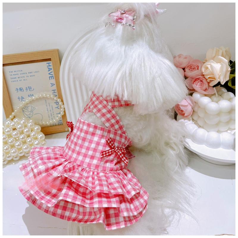 Pet Plaid Dress Cute Bow Vest Suspender Skirt Fluffy Skirt Cute Puppy Dress Outfit Puppy Dog Dresses for Small Dogs