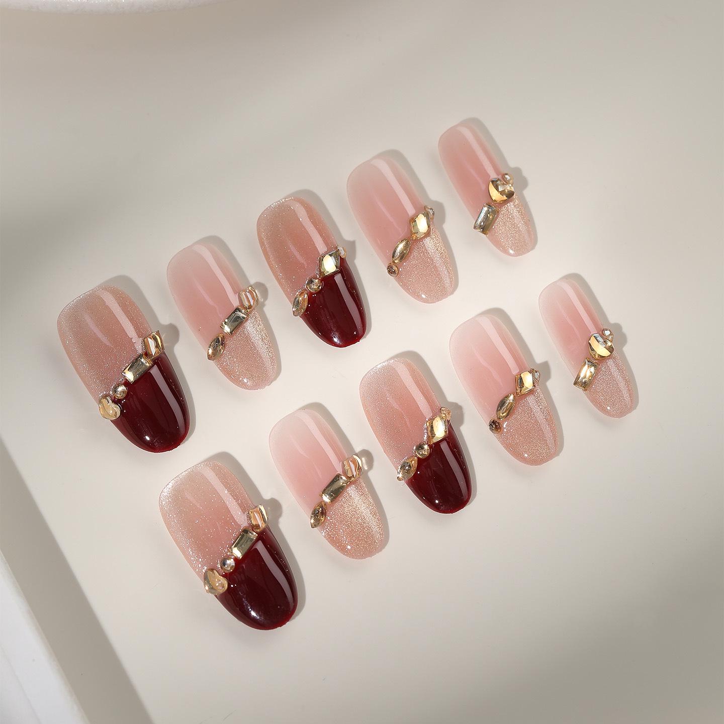 Lux Nails: Champagne French Cat Eye Removable Nail Patches - Light Luxury Whitening Manicure For Chubby Hands Sisters