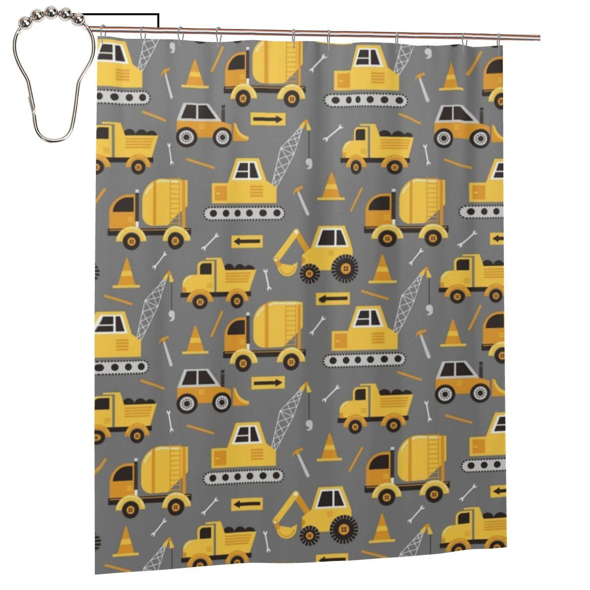 

Construction Trucks On Gray Shower Curtain Bathroom Polyester Waterproof Bath Curtains With Hooks W60H190(CM)-1 Pcs