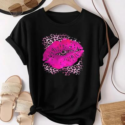 Fahion Women Pink Lips Leopard Graphic T Shirt Casual Oneck Sexy Black Tees Kiss Lip Funny Girls Tshirt Harajuku