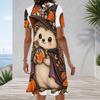 Women Plus Size Round Neck Short Sleeve Halloween Sloth Printed A Line Dress
