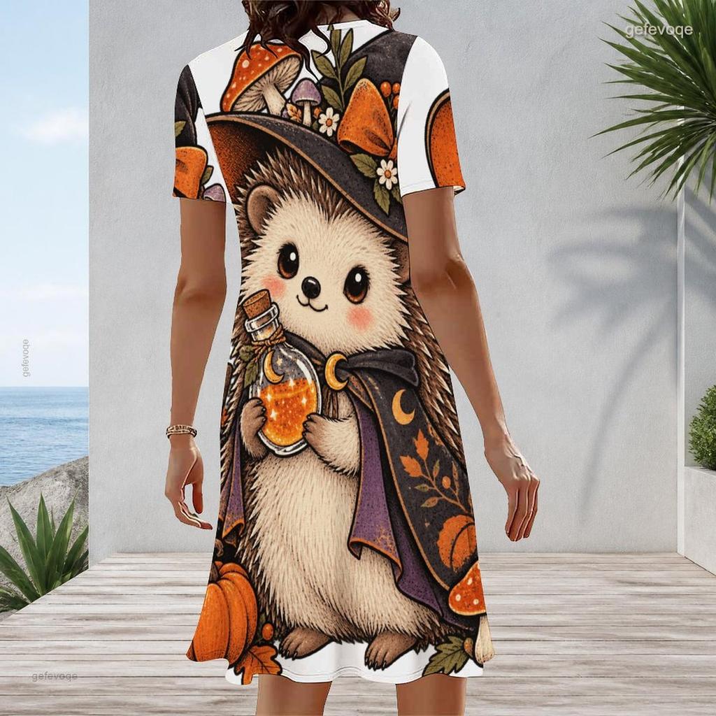 Women Plus Size Round Neck Short Sleeve Halloween Sloth Printed A Line Dress