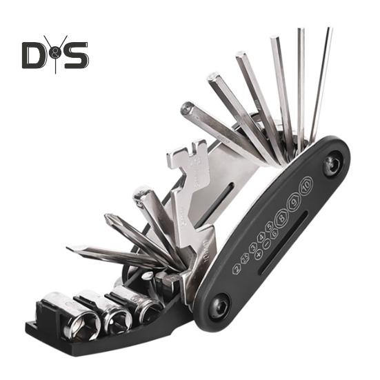 

Наборы для ремонта велосипеда 16 в 1, многофункциональный велосипедный инструмент с лопатками для шин, шестигранным ключом для спиц, складной многофункциональный набор аксессуаров для шоссейного горного велосипеда чёрный