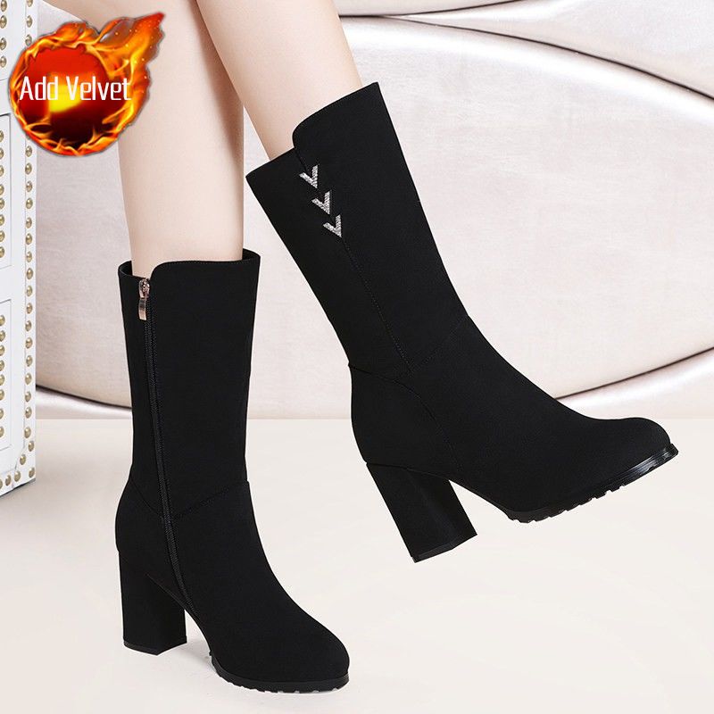 Black Pointed Toe Elegant Heeled Rhinestone Ladies Mid Calf Shoes Autumn Winter Fleece-Lined Comfortable Women's Half High Boots