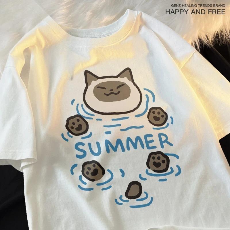 Floating Cat and Dog Original Chai Dog Beauty Short Sleeve T-shirt for Men Women Casual Loose Summer Breathable Tee