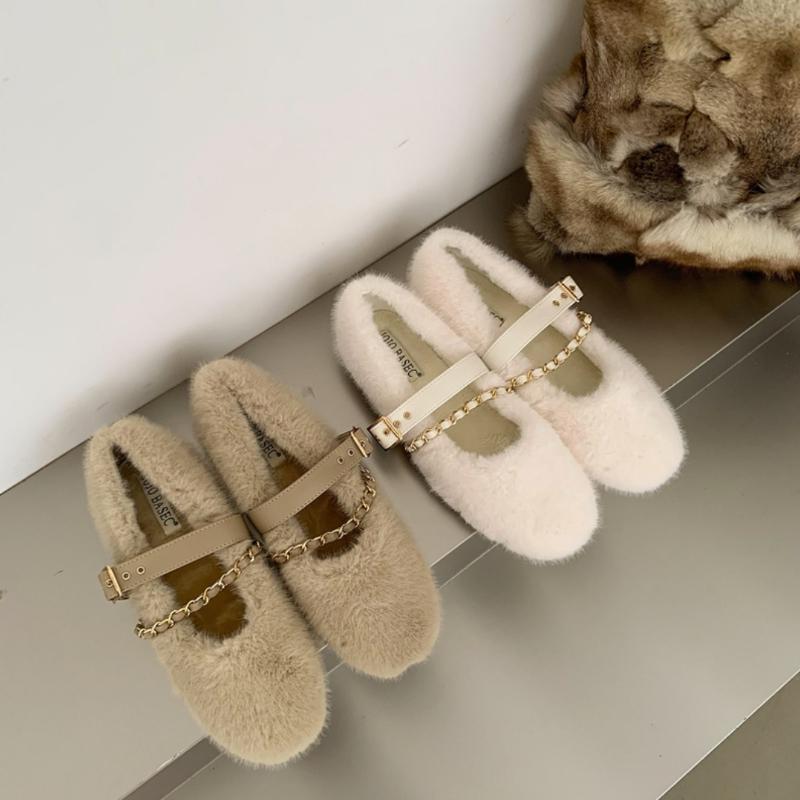 Designer Autumn Women Comfortable Warm Fur Shoes Fashion Shallow Slip on Ladies Flats Shoes Round Toe Women's Mary Jane Shoes
