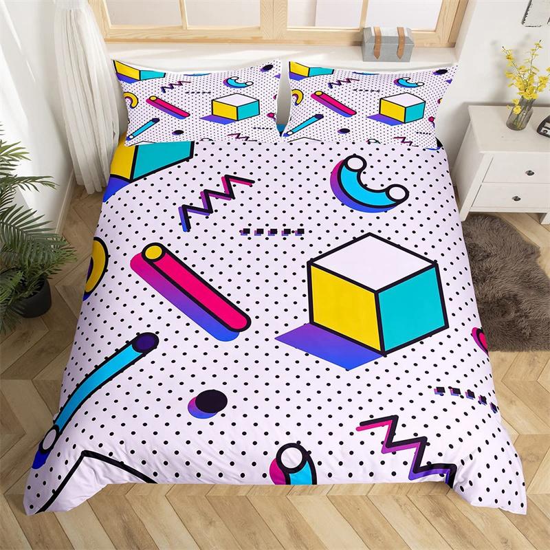 Retro 80s Style Bedding Set Twin King Size Abstract Geometric Pattern Duvet Cover Set Microfiber Circle And Triangle Quilt Cover