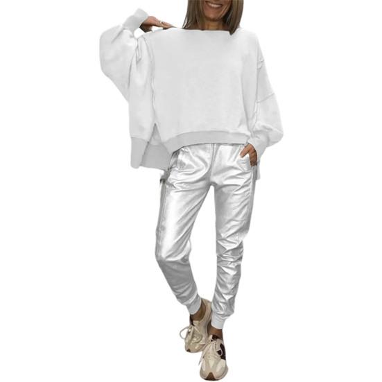 2 Pcs/Set Spring Sweatshirt Pants Suit Slit Hem Long Sleeves O Neck Top