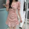Summer new style drawstring short-sleeved square collar fashion sweet dress women