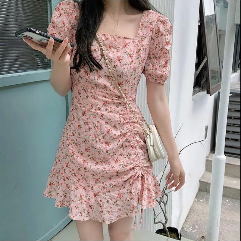 Summer new style drawstring short-sleeved square collar fashion sweet dress women