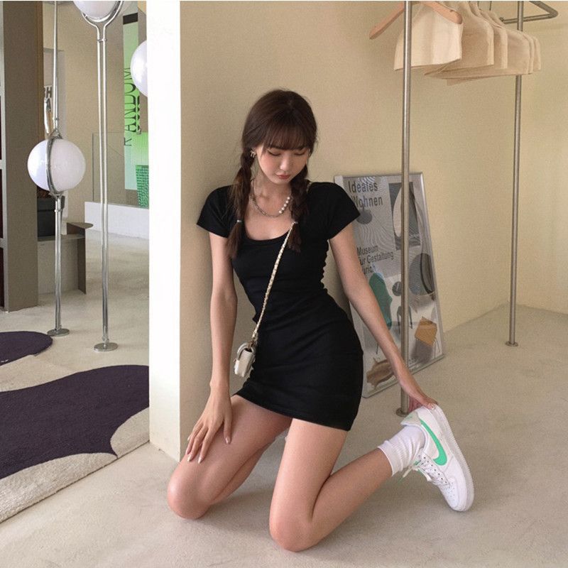 European and American light and familiar style square collar pure desire Spice Girl slim dress women's autumn sexy arm tight waist short skirt