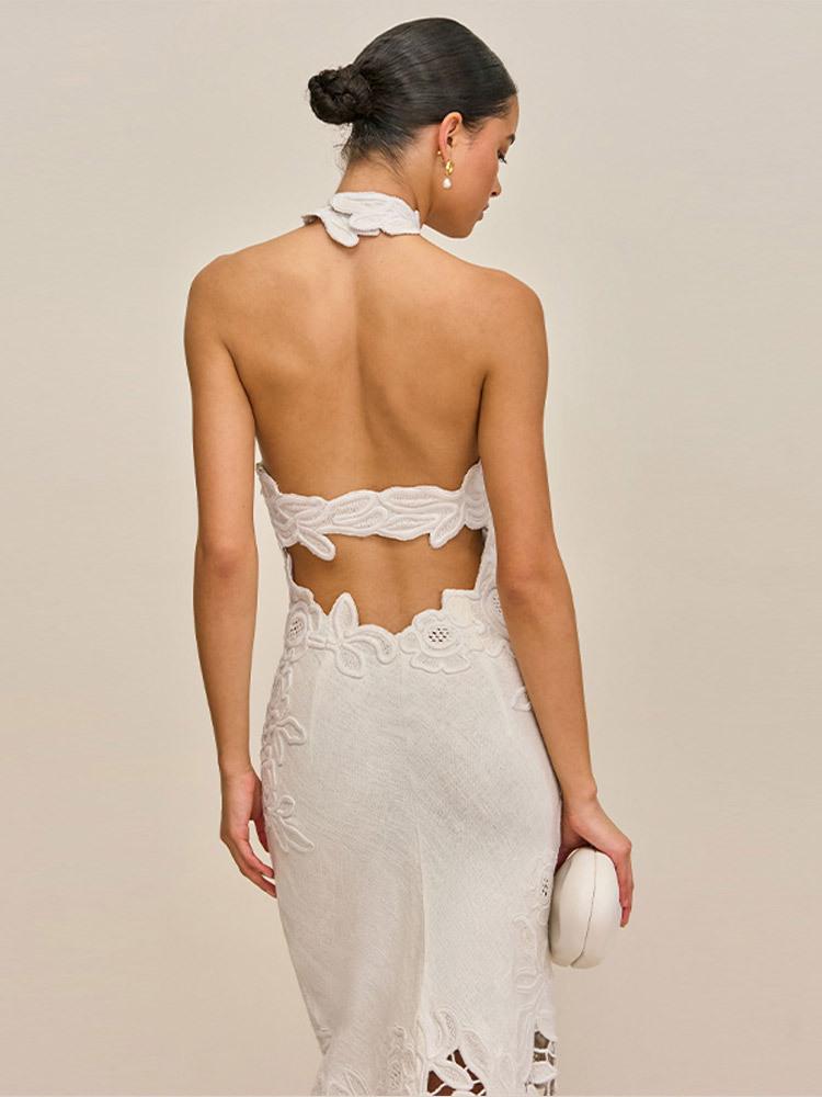 2026 Spring/Summer Elegant Sleeveless Halter Floral Embroidery Linen Dress for Women