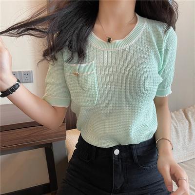 Mode Mädchen Sanfter Wind Temperament Rundhals Gestrickte Oberteile Damen Lässig Sommer Essential Komfort und Stil Slim Fit Pullover T-Shirts