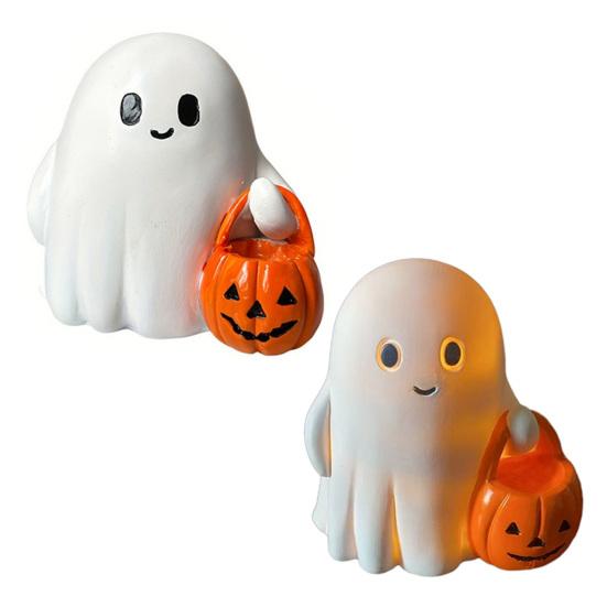 2/3Pcs Halloween Ghost Statue Holding Pumpkin Cartoon Ghost Resin Statue Figurine Sculpture Holiday Party Decoration Ornament