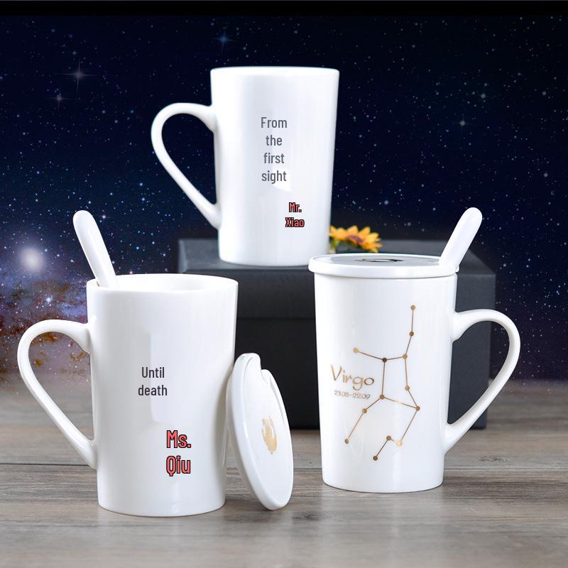 Zodiac Ceramic Mug Set: Gold Constellation Design with Lid & Spoon