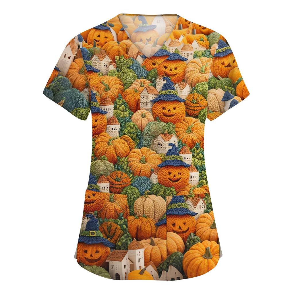 Damenmode V-Ausschnitt Kurzarm Arbeitskleidung mit Taschen Halloween bedruckte Tops