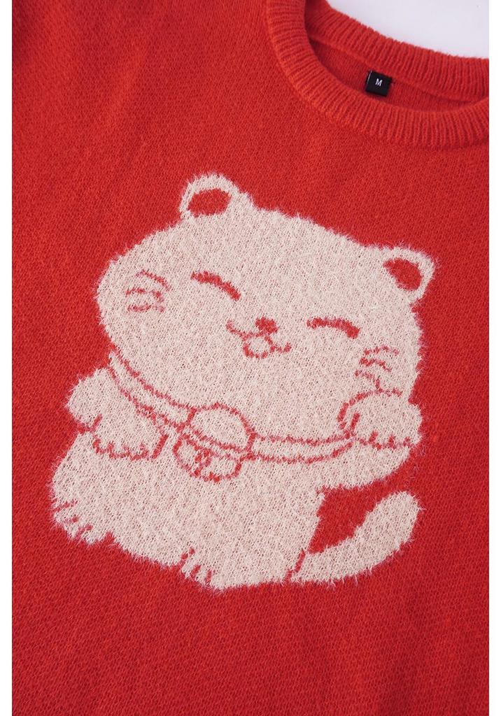 Unisex Jacquard Cat Knit Sweater - Warm Round Neck Base Layer