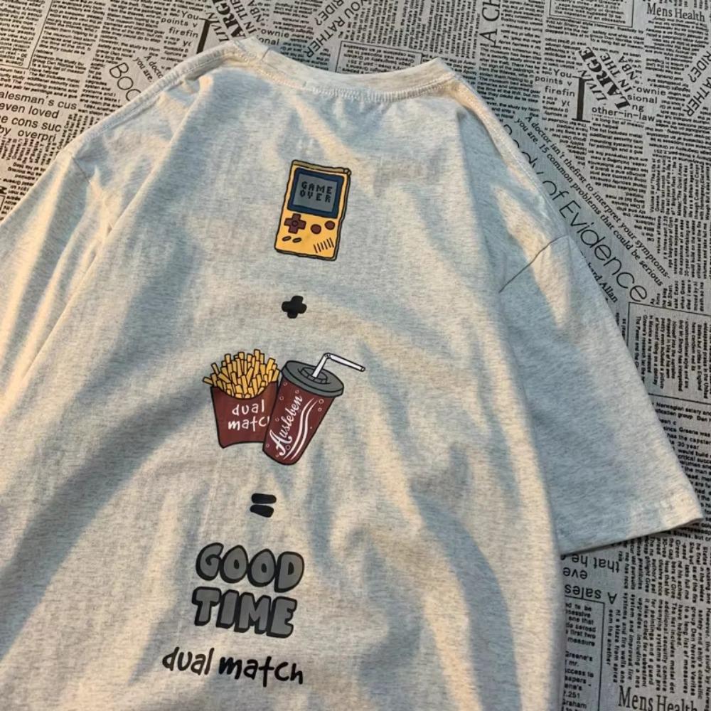 Tricou cu mânecă scurtă pentru bărbați, cu desen animat retro american, timp fericit de weekend, marcă la modă, larg, versatil, pentru studenți, cu mânecă scurtă