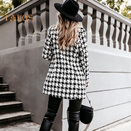 Damen Winter Herbst Mantel Umlegekragen Karomuster Zweireihig Lange Ärmel Dicke Mittellange Jacke für Dating Pendeln Büro