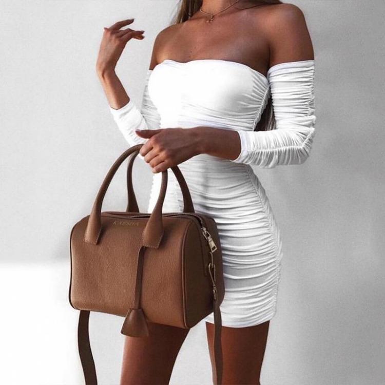Sexy Women Off Shoulder Bandage Bodycon Dress Long Sleeve Slim Elastic Party Dress Autumn Winter Black White Red Yellow Coffee Army Green S M L