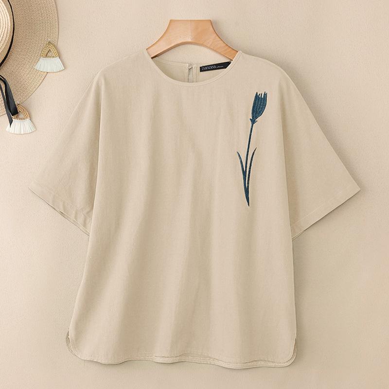 ZANZEA Damen Lässige Runde Halslinie Lockere Print Kurzarm Baumwollbluse
