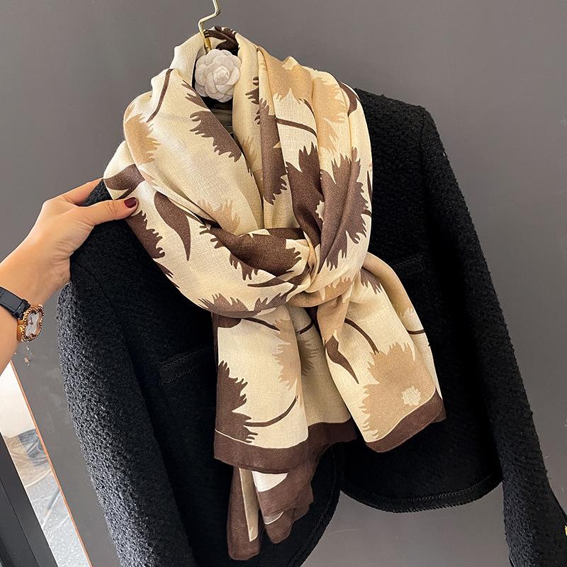 Korean Style Floral Cotton Linen Scarf - Versatile Autumn/Winter Shawl for Women