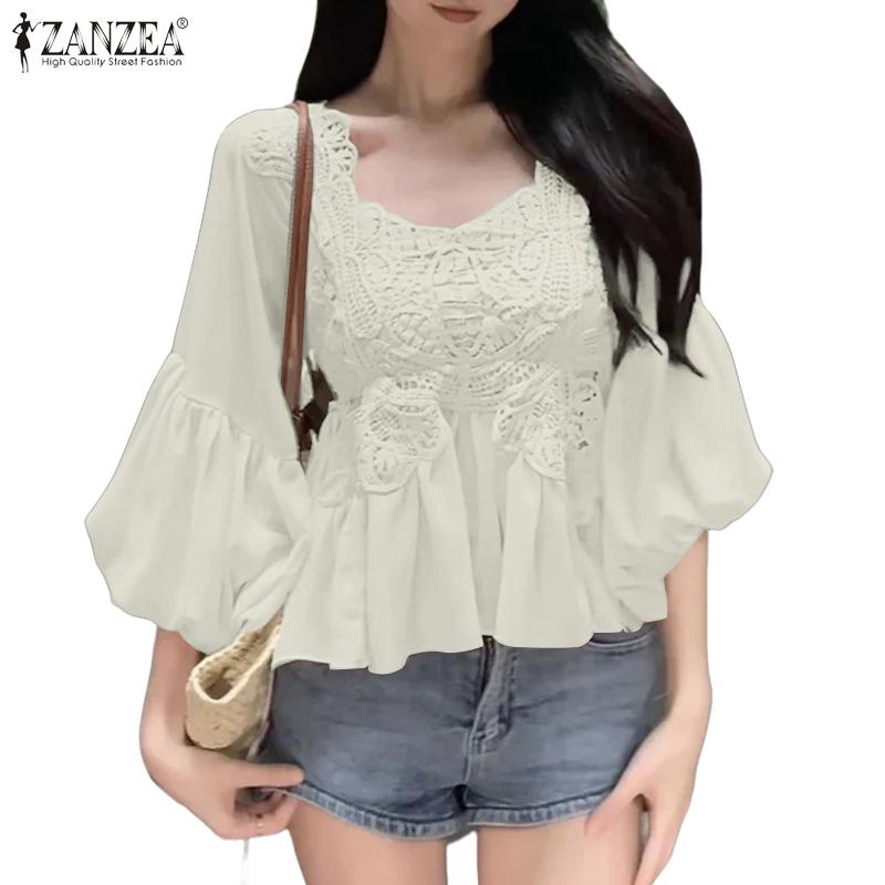 ZANZEA Women Square Neck Casual Crochet Patchwork Summer 3/4 Sleeve Blouse