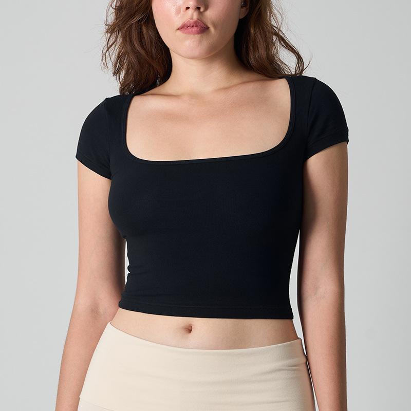 

SK * M same COTTON SCOOP NECK T-shirt square collar solid color waist tight simple cotton short sleeves S чёрный