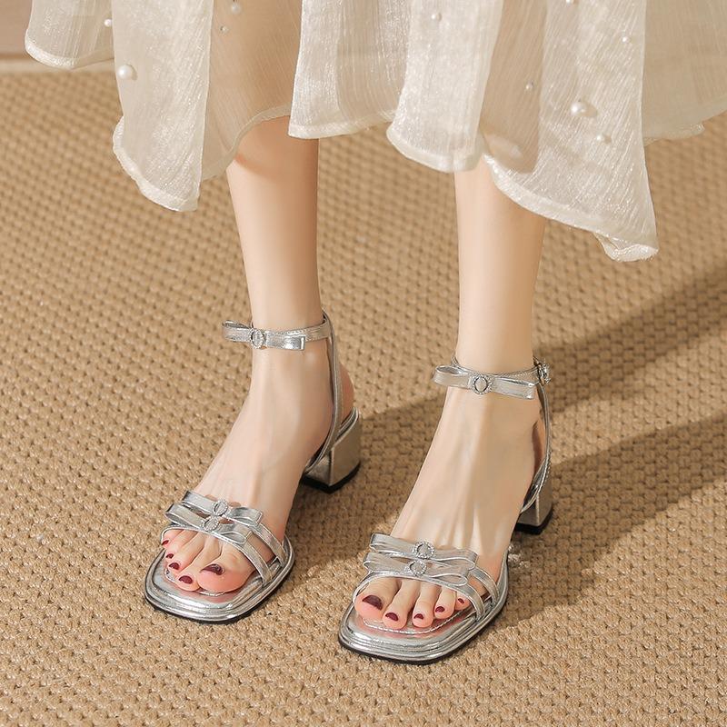 Summer new thick heel with buckle silver rhinestone sandals women's bow high heels