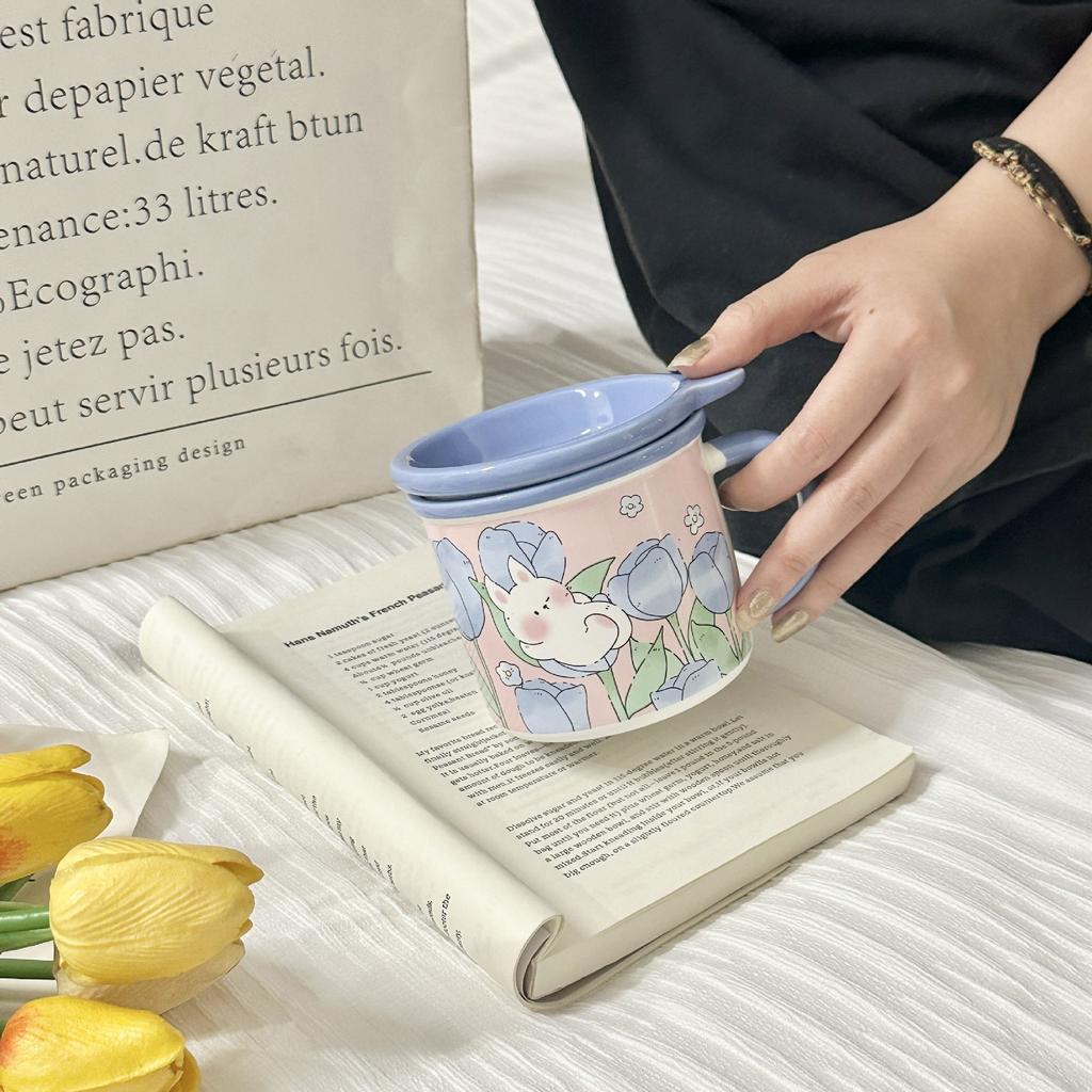Mug with Lid High Value Ins Fengshui Cup for Girls Cute Home Breakfast Cup Ceramic Cup Souvenir Gift