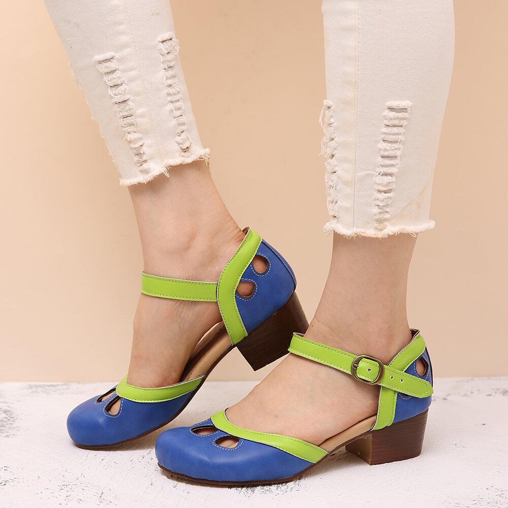 New European and American One-word Belt Imitation Leather Green Round Head Thick Heel Buckle Fashion Sandals