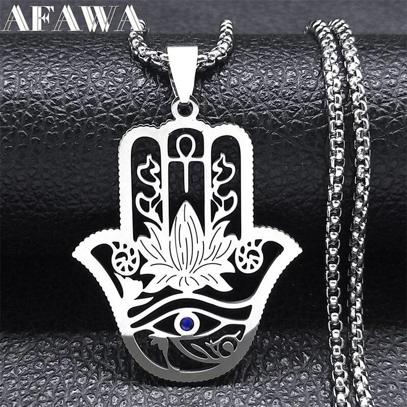 

Ожерелье Hamsa Hand Ankh Lotus для женщин и мужчин из нержавеющей стали серебряного цвета, египетский глаз Гора, ожерелья, ювелирные изделия N8075S02