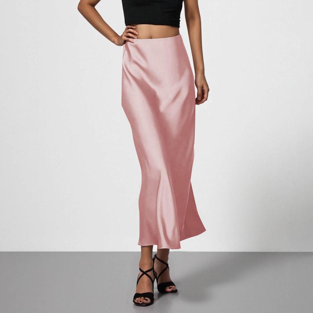 Stylish And Elegant Silky Satin Midi Skirt, Versatile, Slimming And Flowing Bodycon Maxi Skirt For Women.