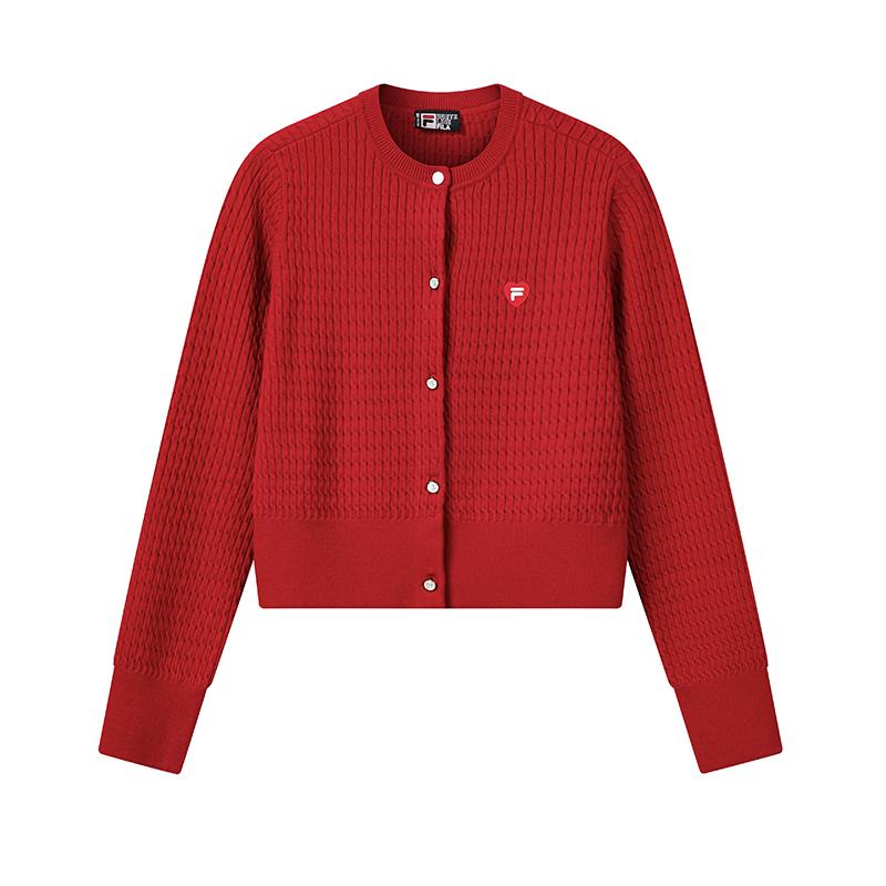 Fila Cny Heart Cardigan Fashion Simple Basic Sweet Cute Versatile Casual Comfortable Woven Blush Knit Sweater Women Tops Red F11W619403FPK