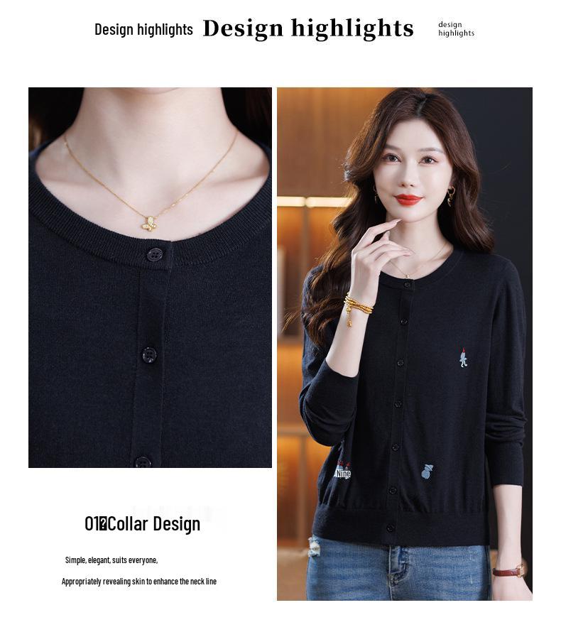 Mulberry Silk Wool Three-Dimensional Embroidery Round Neck Women's Casual Knit Cardigan