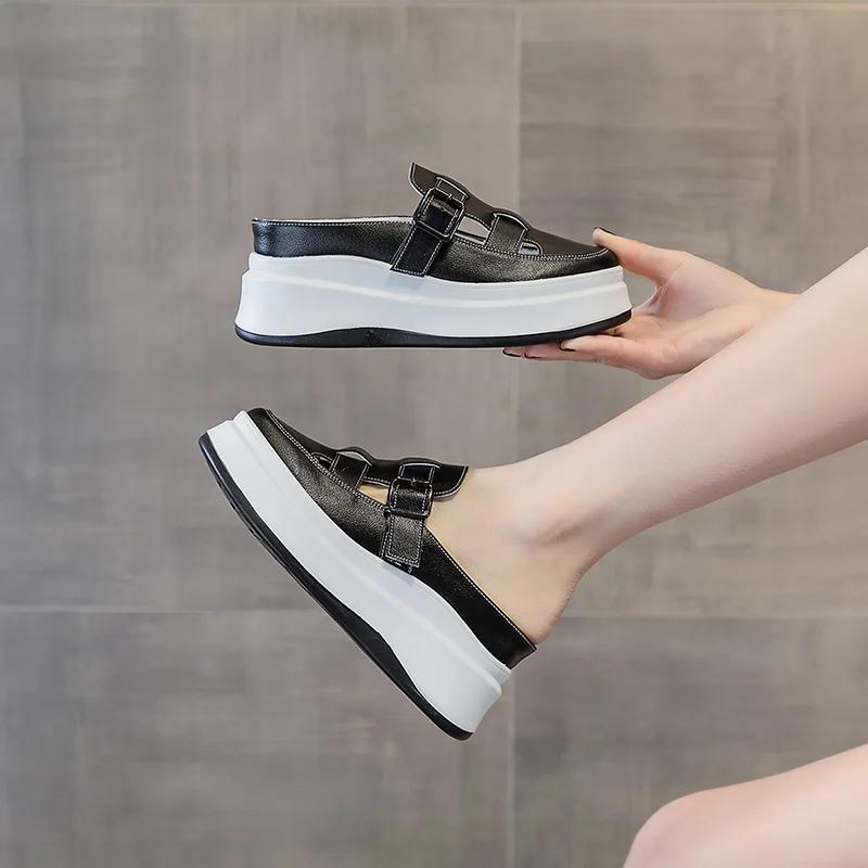 Fashion 7.5CM Patent Genuine Leather Platform Summer Hollow Weaving Breathable Pumps 2025 Spring Chunky Heels Mary Jane Slipper Shoes