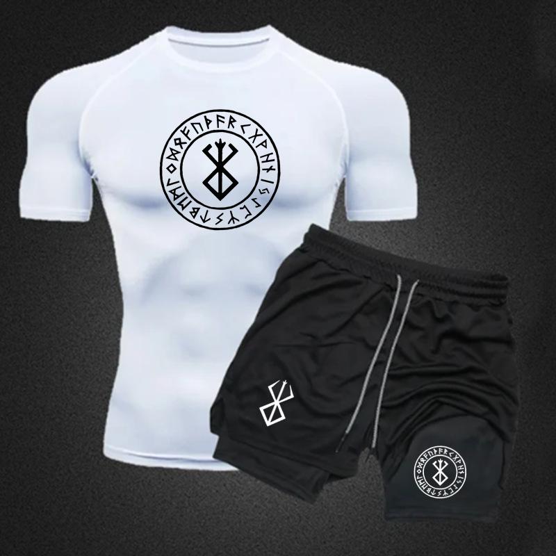 Men's Anime Double-Layer Quick-Dry Shorts & Tee Set for Outdoor Running & Fitness