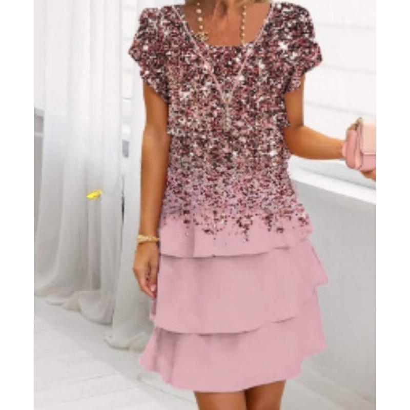 VEZFAA Women's Fashion Summer Spring Flower Pattern Print Short Sleeve O-Neck Loose Waistline Casual Dresses