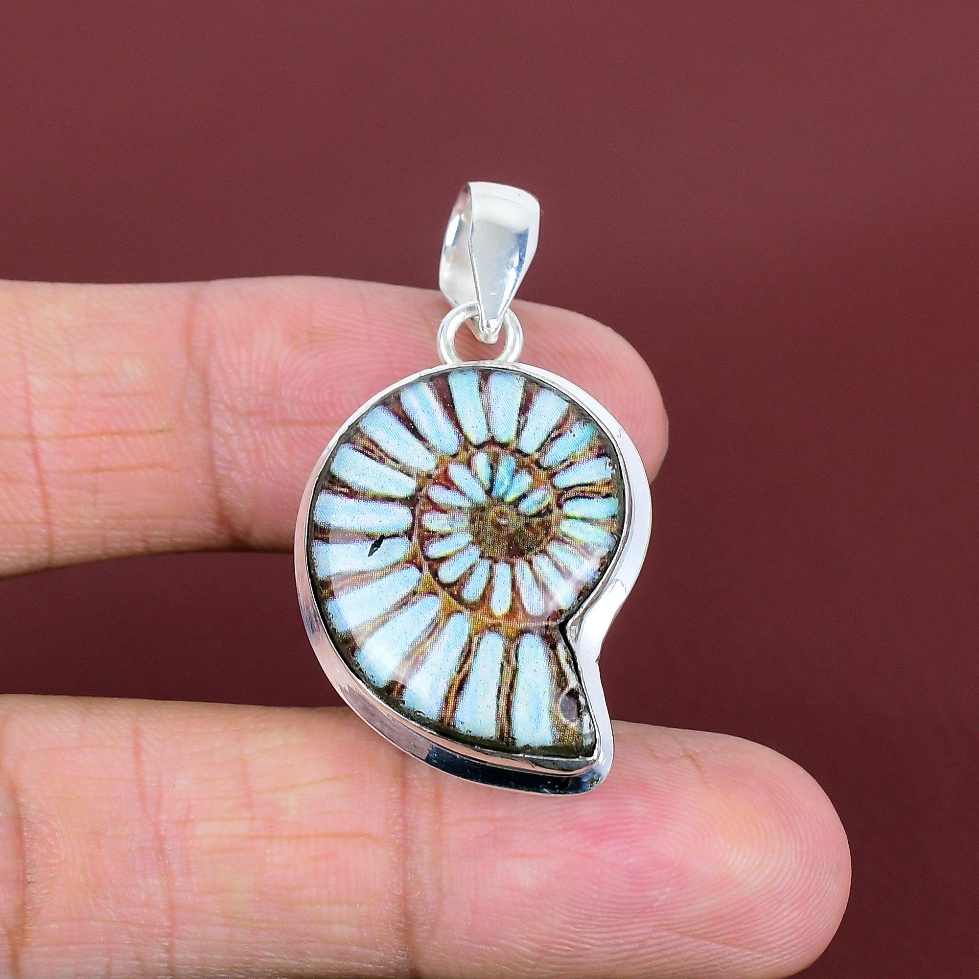 

Sky shade ammonite fossil pendant 925 sterling silver pendant handmade pendant gemstone silver jewelry gifts for wife unique design pendant