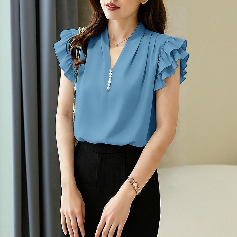 ZANZEA Women Casual V-Neck Ruffles Short Sleeve Elegant Blouse