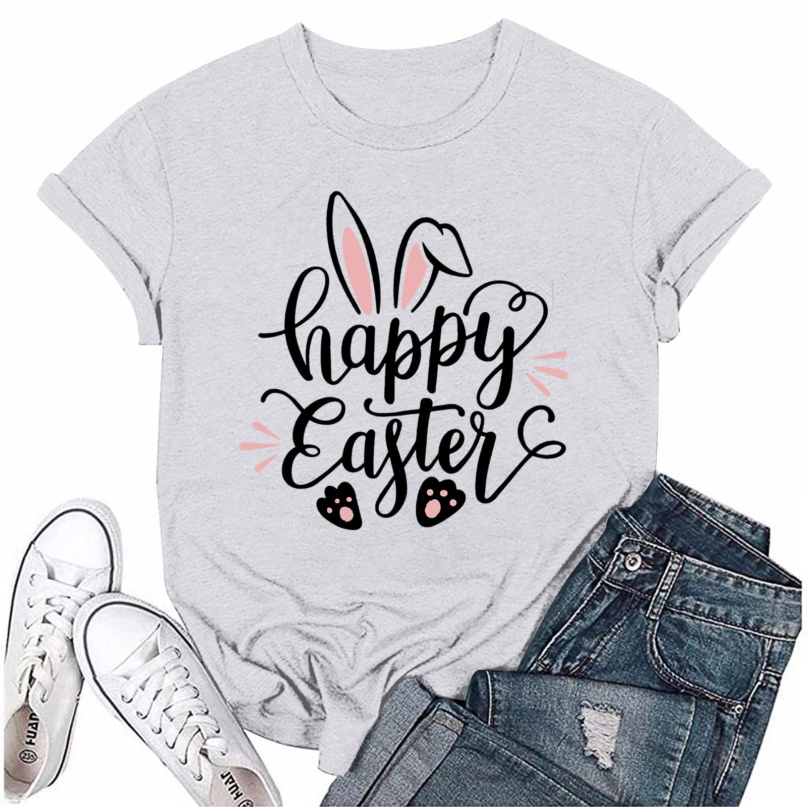 

Женская модная пасхальная принтованная повседневная плиссированная круглая футболка с коротким рукавом M белый