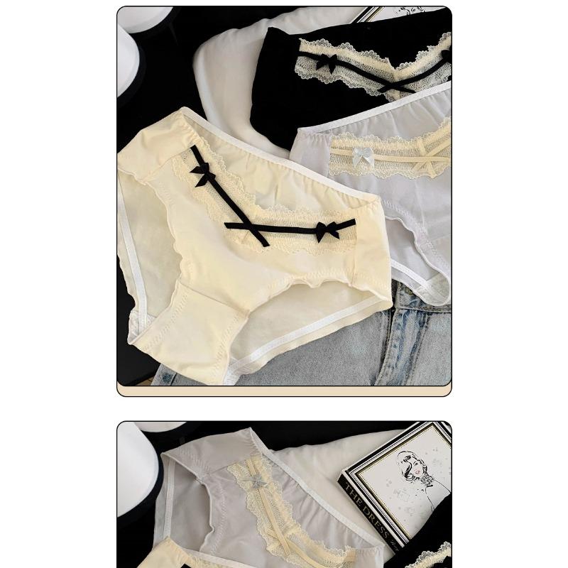 Women Sweet French Style Lace Solid Antibacterial Mid Waist Cotton Panties