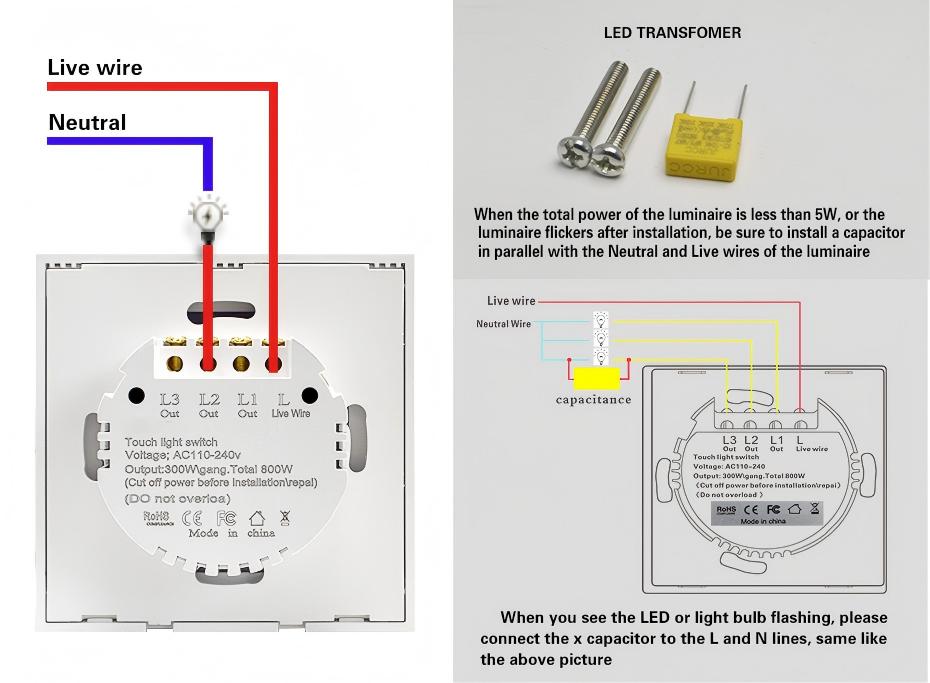 Interruttore a Parete Touch in Vetro Temperato Controllo Filo di Fase Singolo Senza Filo Neutro 1/2/3 Tasti Interruttore Luce per Casa Hotel Fabbrica ODM