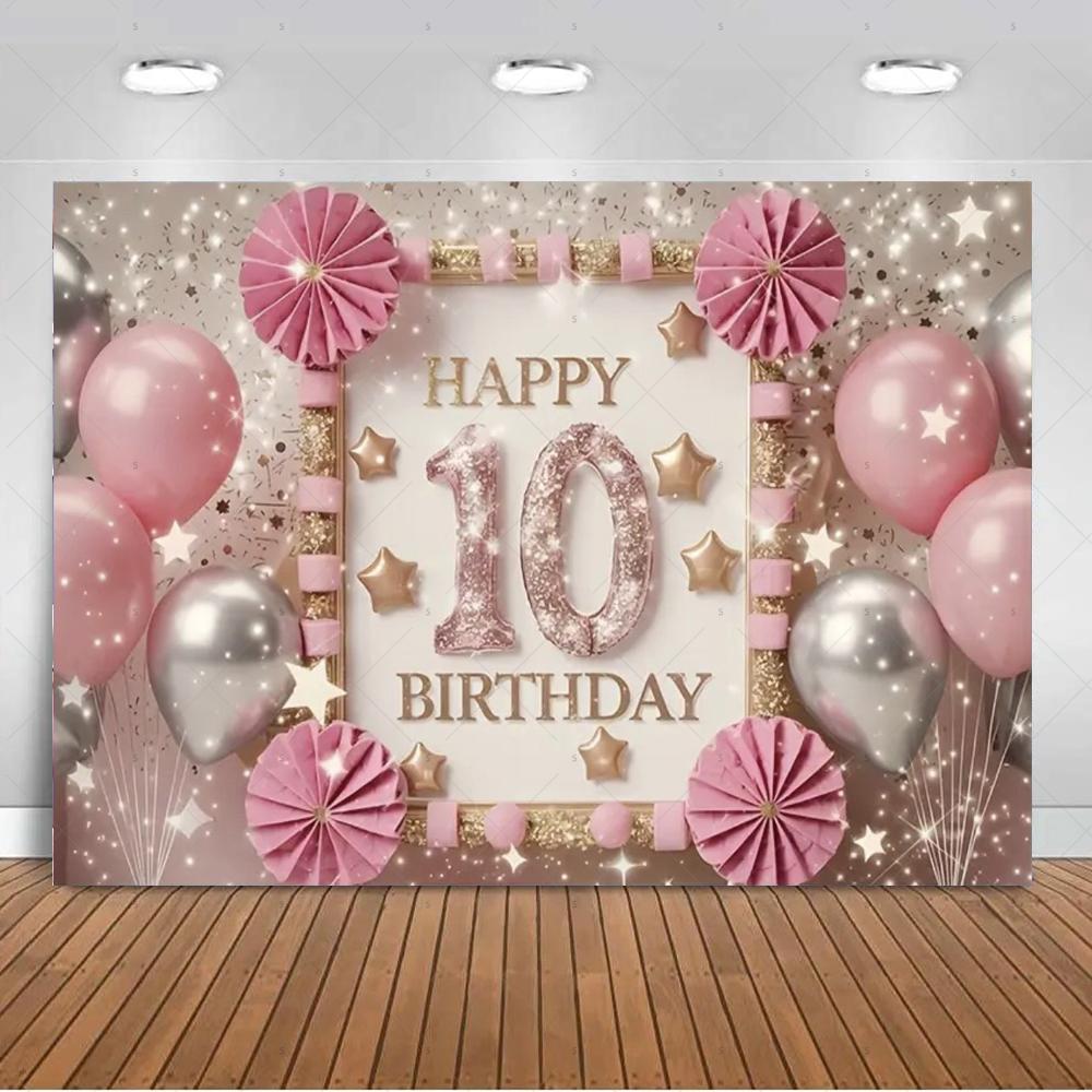 10th Birthday Party Decoration Backgound Surprise Colorful Glitter Balloon Gift Banner Boys Girls Happy Photography Studio Prop